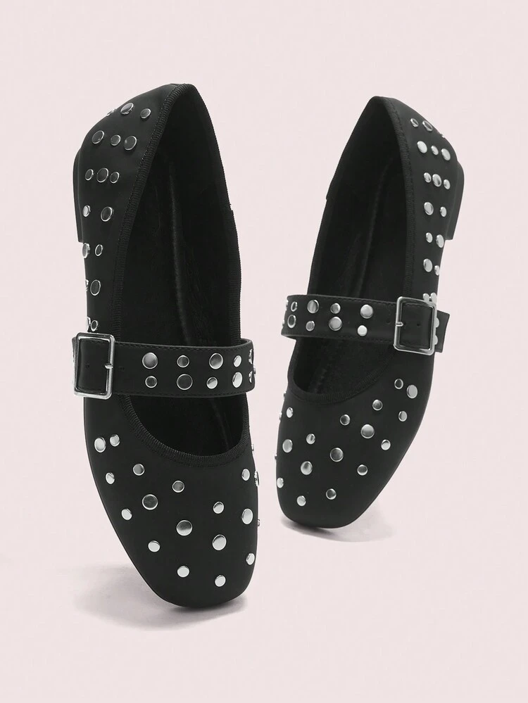 CUCCOO DOLLMOD New Soft Ballet Flat Casual Slip-On Loafers Women Rivet Decor Square Toe Shoes, Fashion Style Spring Shoes Spring Break Easter