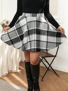 SHEIN LUNE Plus Size Ladies Black Plaid Casual Long Sleeve Knee-Length Skirt, Suitable For Commute, Christmas & Halloween Party, Autumn & Winter