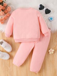 2 Stücke/Set Baby Mädchen fröhliches lächelndes Gesicht & bunt gemusterter Schlupfkragen Sweatshirt & Hose Set, Lässig für Herbst/Winter - Pink - Übersicht 2