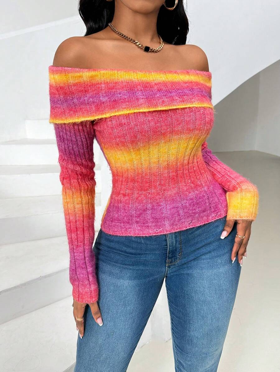 Zolique 1 st dam Ombre långärmad tröja (färg slumpmässigt vald) stickad pullover höst vinter - Multifärgad - Visa 1