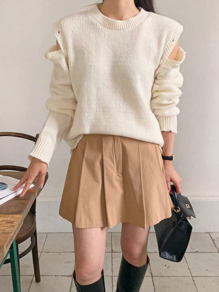 Women's Loose White Open Shoulder Button Sweater,Fall Clothes