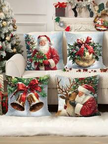 4 Packs Christmas Throw Cushion Covers , Santa Claus & Reindeer Holiday Patterns, Zippered, Machine Washable Pillow Cover, Festive Decor For Various Rooms,Polyester Fabric, For Home Sofa, Bedroom, Living Room Decor (Insert Not Included) - Multicolor - View 3