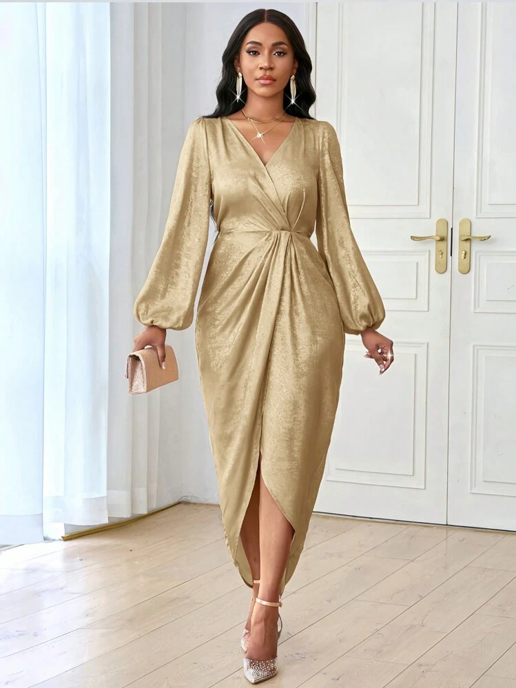 gold corset dress Zapakasa Women Sparkly Gold Metallic Long Formal Dress with Sleeves Sheath  Ruched V-Neck Holiday Party Dress with Slit main image 1