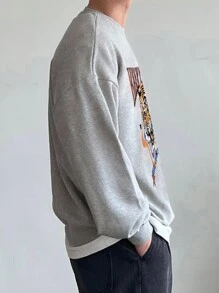 DAZY Men's Casual Tiger & Letter Print Crew Neck Long Sleeve Pullover Sweatshirt - Grey - View 4
