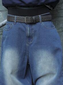 Manfinity EMRG 男士深蓝色水洗宽松宽松牛仔裤宽腿破洞牛仔裤，适合送给丈夫、男朋友的礼物 - 中等水洗藍 - 查看 8