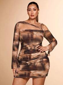 SHEIN BAE Đầm ngắn tay dài phối lưới nhuộm loang màu, dáng ôm vừa vặn, cổ bẻ lệch gợi cảm BAE Plus Date Party Hottie - Màu be - Xem 1