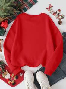 INAWLY 女士休闲圣诞字母印花抓绒卫衣套头衫秋季款 - 紅色 - 查看 2