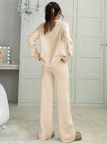 SHEIN EZwear 秋冬款女士纯色圆领长袖毛衣上衣和裤子常规休闲针织套装 2 件套