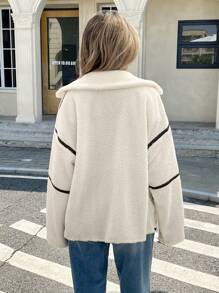 Serisse Women Casual Contrast Piping Drop Shoulder Loose Zip-Up Fleece Winter Lamb's Clash Color Long Sleeve Jacket, Autumn/Winter Teddy Coat Winter Women Coat Facecloth Jacket White - White - View 2