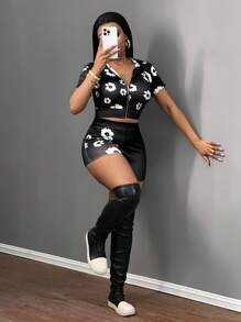 Slaydiva 2pcs/Set Women Casual Flower Print Fitted Sweatsuit