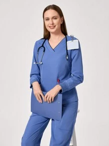 TaskEZ V-Neck Long Sleeve Pocket Minimalist Top & Pants Scrub Uniform Set - Blue - View 7