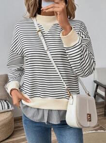 SHEIN LUNE Áo nỉ dài tay cổ đứng in sọc, kiểu dáng thường ngày, đa năng, thích hợp cho mùa thu. - Đen và trắng - Xem 3