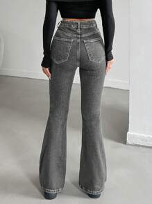 SHEIN Cottnline 宽松版型复古洗水喇叭牛仔裤 - 灰色 - 查看 2