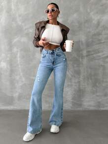 RueChic 女式休闲喇叭腿破洞牛仔裤