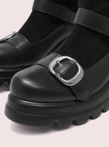 CUCCOO DOLLMOD Women Round Toe Platform Block Heel Black Suede Pu Patchwork Slip-On Knee High Boots