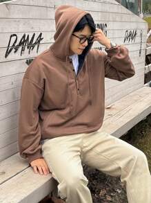 DAZY Men's Plaid Patchwork Thermal Lined Hoodie, Autumn Vacation - Brown - View 5
