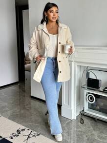 SHEIN Frenchy Women Plus Size Solid Color Stand Collar Button Splicing Plush Casual Jacket, Autumn/Winter Fall/Winter - Apricot - View 1