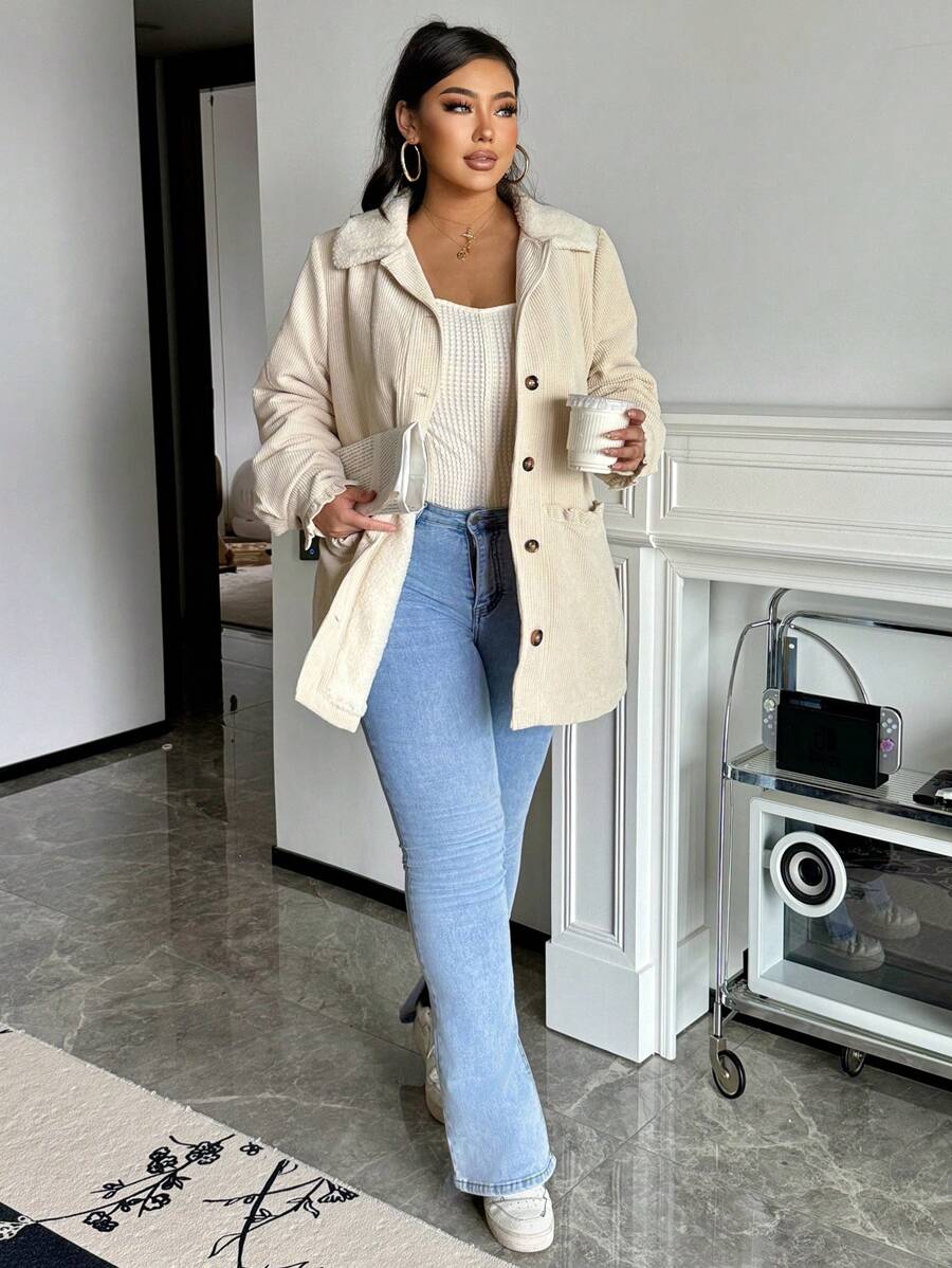 SHEIN Frenchy Women Plus Size Solid Color Stand Collar Button Splicing Plush Casual Jacket, Autumn/Winter Fall/Winter - Apricot - View 1
