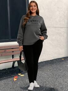 EMERY ROSE Áo nỉ tay dài in chữ thường ngày cỡ lớn mùa đông cho nữ - Xám - Xem 4