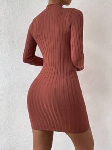 SHEIN Unity 女士优雅简约纯色罗纹立领修身毛衣裙，不含腰带 - 鏽棕色 - 查看 2