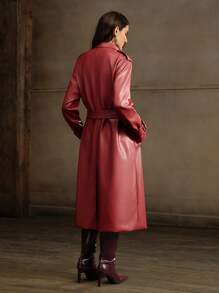 Anewsta Women's Red Double-Breasted Long Length Personalized Leather Coat - Red - View 2