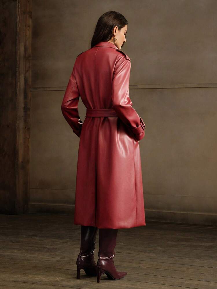 女性用レッドダブルブレスト長め丈パーソナライズレザーコート