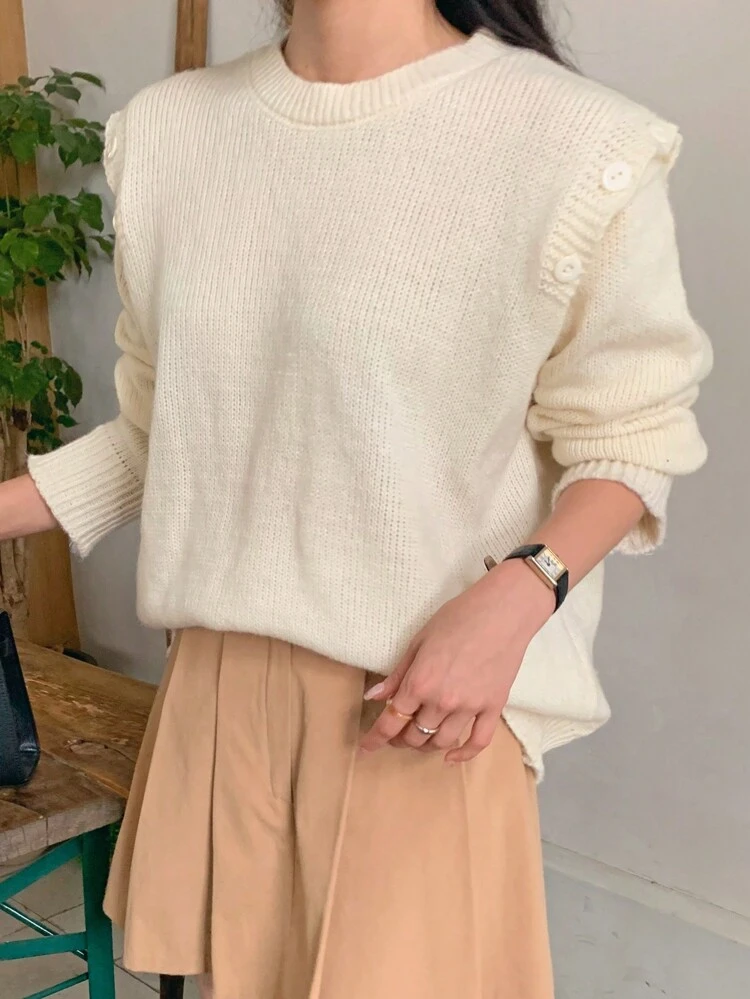 Women's Loose White Open Shoulder Button Sweater,Fall Clothes