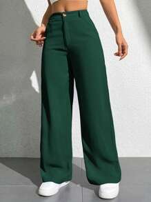 SHEIN PETITE Pantalones casuales de unicolor con bolsillo y botones delanteros para mujeres - Verde Oscuro - Ver 5