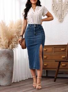 SHEIN LUNE 女士纯色口袋休闲开叉牛仔半身裙 - 藍色 - 查看 5