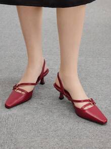 CUCCOO BIZCHIC Red PU Square Toe Flats With Strap For Women - Red - View 3
