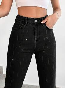 Cottnline 100%Cotton HIGH WAIST MOM CUT DIAMOND DETAILED BLUE JEAN - Black - View 6