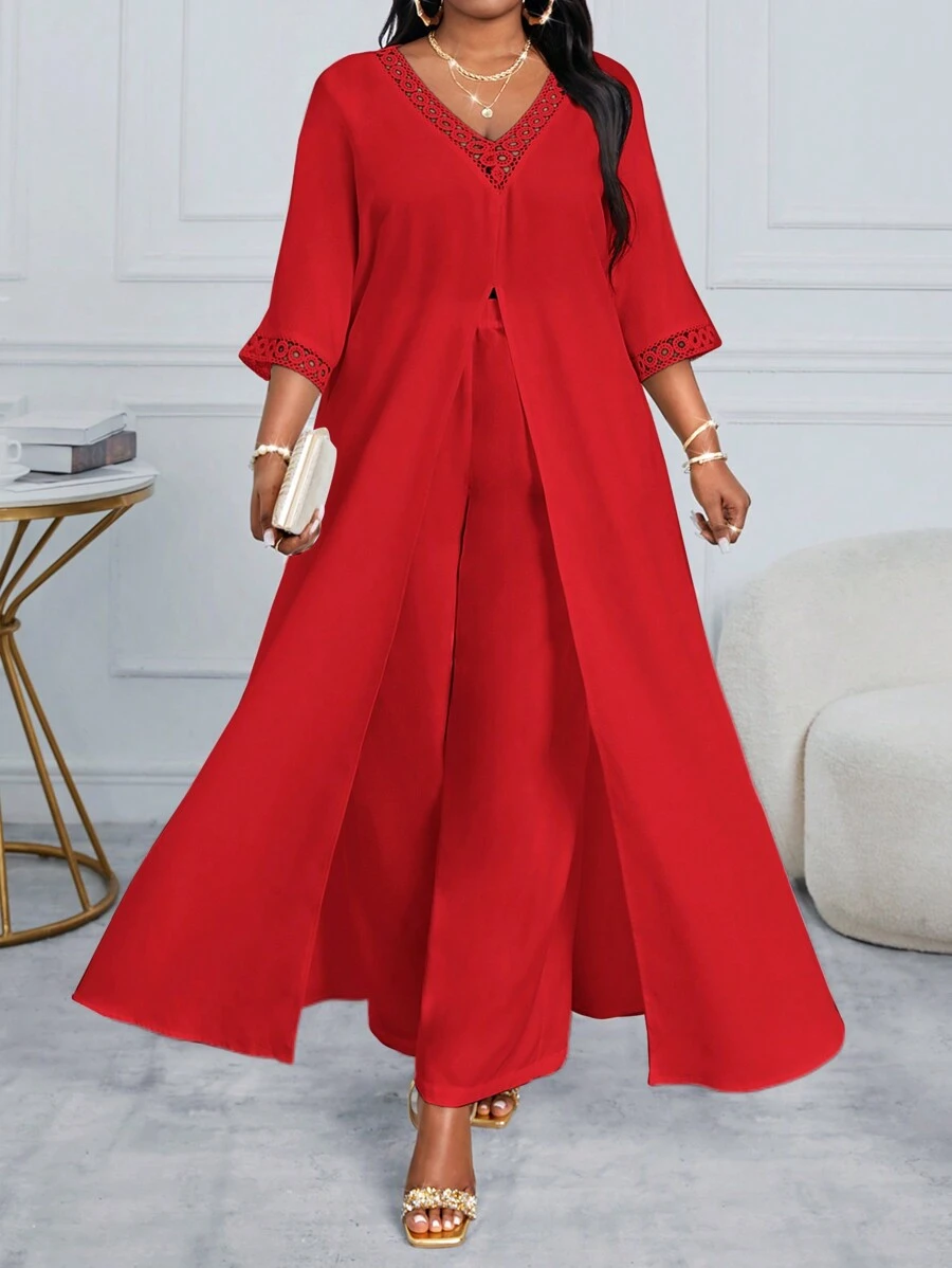 SHEIN Lady 春夏秋冬休闲优雅梭织白色连体袖开叉短袖大码套装秋季婚礼宾客礼服女裤套装