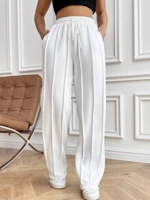 SHEIN PETITE Solid Color Patchwork Distressed Seam Exposed Waist Drawstring Tie Diagonal Pockets Straight Leg Casual Sports Sweatpants - White - View 5