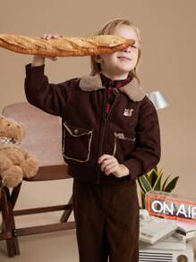 PrepCrw 男童秋冬学院风棕色羊毛刺绣拉链领夹克