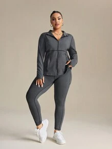 SHEIN Rhythm Era 女士加大码休闲条纹拉链立领夹克和紧身裤套装，秋季健身套装健身女士套装 - 深灰色 - 查看 6