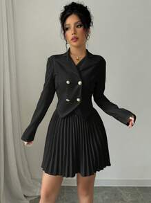 Elenzga Bộ vest vest thanh lịch một hàng khuy và chân váy xếp ly cho nữ, mùa thu - màu đen - Xem 3