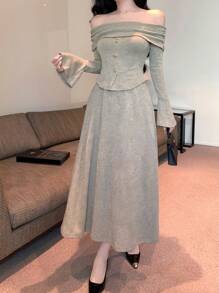 DAZY Women Off-Shoulder Top And Skirt 2pcs Set,Fall Clothes - Apricot - View 1