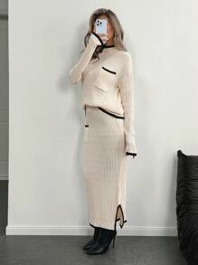 SHEIN Clasi 2 件套女士休闲纯色立领长袖衬衫和 A 字裙套装 - 白色 - 查看 6