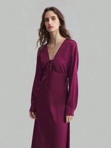 Ontre Women's Purple Solid Deep V-Neck Long Sleeve Elegant Dress With Tie-Front, Autumn/Winter