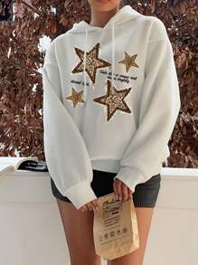 SHEIN EZwear 休闲简约豹纹与星星图案白色连帽宽松厚羊毛女式运动衫 - 白色 - 查看 5