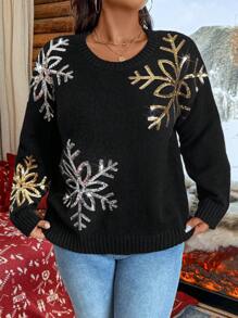 Calvaya Áo len dài tay cổ tròn họa tiết tuyết đính kim sa kiểu dáng thường ngày dành cho nữ cỡ lớn, thích hợp mặc mùa thu/đông. - màu đen - Xem 3