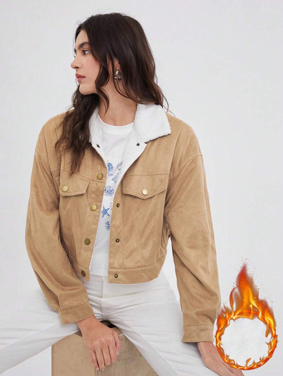 SHEIN EZwear Women's Khaki Casual Thermal Lined Suede Jacket, Autumn/Winter - Khaki - View 1