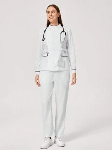TaskEZ Contrast Trim Long Sleeve Button Front Shirt And Pants Scrub Uniform Set - White - View 1
