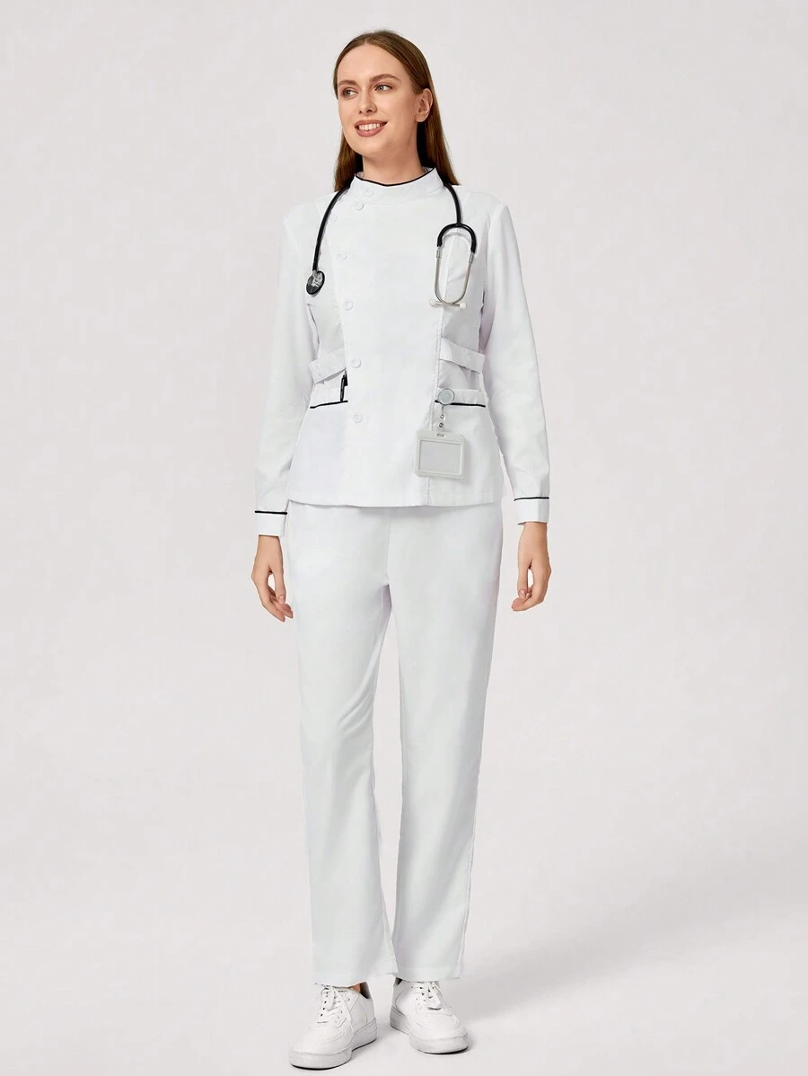 TaskEZ Contrast Trim Long Sleeve Button Front Shirt And Pants Scrub Uniform Set - White - View 1