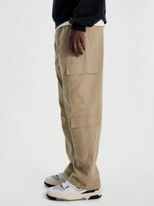 Musero Straight Leg Cargo Style Pockets Trousers Autumn Winter Streetstyle Wardrobe - Khaki - View 3