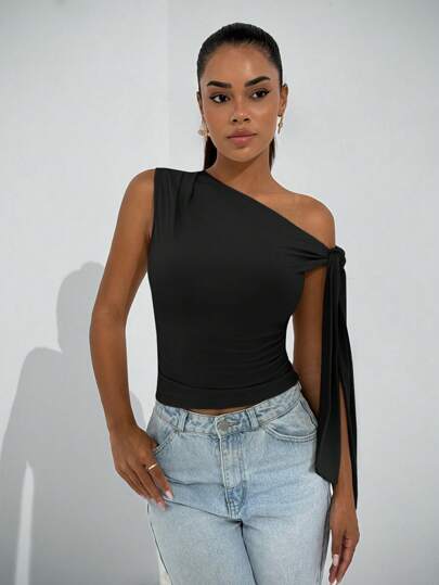 SHEIN BAE Blusa asimétrica con cuello, hombros oblicuos y tirantes anudados para mujer, elegante para uso diario, citas, viajes, fiesta nocturna, disfraces de Halloween