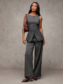 SHEIN BAE 条纹印花圆领无袖上衣，前扣式设计，搭配长裤，秋冬优雅通勤套装 - 彩色 - 查看 4