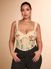 SHEIN BAE Plus Size Women's Embroidered Lace Panel Bustier Halter Top, Bustier Top, Going Out Top - Multicolor - View 3