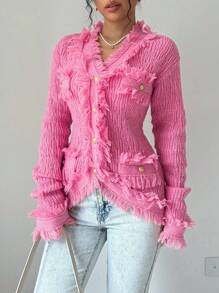 Elenzga Áo len cardigan thường ngày cho nữ có nút phía trước và viền tua rua, mùa thu/đông - Màu Hồng Tươi - Xem 5