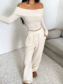 SHEIN EZwear 女士两件套露肩长袖上衣和裤子针织休闲套装，杏色，秋季